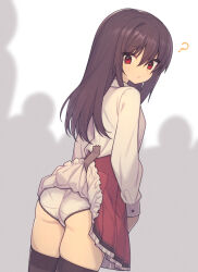 Rule 34 | 1girl, 4others, ?, ass, assisted exposure, black hair, black thighhighs, breasts, closed mouth, clothes lift, collared shirt, commentary, cowboy shot, everyntrge, frilled skirt, frills, from behind, hair between eyes, long hair, long sleeves, looking back, multiple others, original, paid reward available, panties, pantyshot, pleated skirt, red eyes, red skirt, shadow, shirt, sidelocks, skirt, skirt lift, small breasts, solo focus, tape, thighhighs, underwear, white background, white panties, white shirt