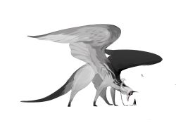 Rule 34 | animal, black feathers, black horns, chain, collar, creature, feathers, grey feathers, grey wings, highres, horns, kamikiririp, no pupils, original, single horn, white eyes, white hair, wings