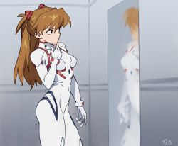 1girl, blue eyes, bodysuit, breasts, brown hair, curvy, evangelion: 3.0+1.0 thrice upon a time, eyepatch, from above, hand on own chest, hand on own face, interface headset, long hair, looking at mirror, looking to the side, medium breasts, mirror, neon genesis evangelion, optionaltypo, pilot suit, plugsuit, rebuild of evangelion, solo, soryu asuka langley, standing, two side up, upper body, white bodysuit