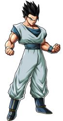 1boy, arms at sides, black eyes, black hair, dougi, dragon ball, dragon ball fighterz, dragonball z, full body, highres, light smile, lock, looking at viewer, male focus, muscular, official art, recolor, recolored, short hair, simple background, smile, son gohan, spiked hair, standing, transparent background
