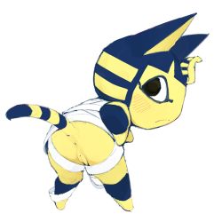 Rule 34 | 1girl, animal crossing, animal ears, ankha (animal crossing), anus, ass, bandage, bent over, black eyes, blush, bottomless, cat ears, cat tail, egyptian, female focus, from behind, furry, highres, looking back, nintendo, pussy, simple background, solo, tail, white background, youjomodoki
