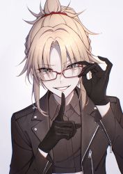 1girl, bambi-25, bangs, black gloves, blonde hair, blush, braid, breasts, collared shirt, eyebrows visible through hair, fate/grand order, fate (series), finger to mouth, french braid, glasses, gloves, green eyes, grin, hair ornament, hair scrunchie, highres, holding, holding eyewear, jacket, long hair, long sleeves, looking at viewer, mordred (fate), mordred (fate) (all), open mouth, ponytail, red scrunchie, scrunchie, shirt, short hair, shushing, sidelocks, simple background, smile, solo, teeth, white background, zipper