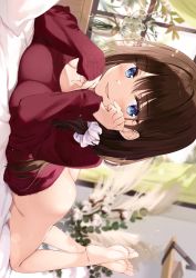 Rule 34 | 1girl, :d, ass, bangs, barefoot, bed sheet, blue eyes, blurry, blurry background, blush, boku no kanojo sensei, bottomless, breast press, breasts, brown hair, eyebrows visible through hair, fujiki maka, full body, hair between eyes, hair ornament, hair scrunchie, highres, indoors, lens flare, long hair, long sleeves, lying, medium breasts, official art, on bed, on stomach, open mouth, oryou, red sweater, scrunchie, shiny, shiny hair, shiny skin, sleeves past wrists, smile, soles, solo, sweater, the pose, white scrunchie